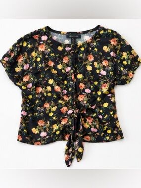 Banana Republic Black Floral Tie Front Blouse XS Multicolor